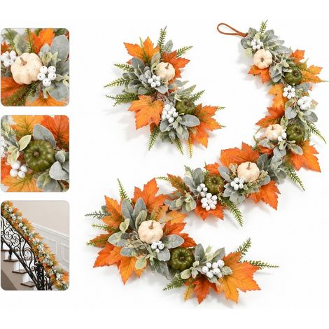 Guirlande de feuilles d'erable et citrouilles, vigne d'automne artificielle, decoration de fete (1/5)