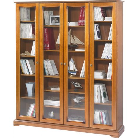 Bibliothèque 4 Portes Vitrées Merisier 18 Niches L 158.8 H 182.2 P 33 cm (1/5)