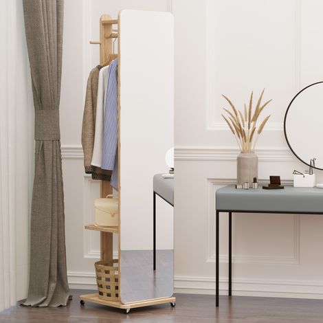 4 patères étagère MDF Aspect Bois Clair, Miroir sur Pied avec roulettes - Portant (1/4)