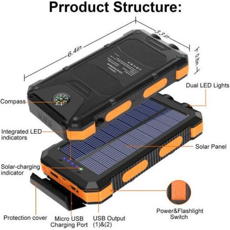BUNTHAUS Chargeur Solaire 20000mAh avec 2 USB Portable Batterie Externe sans Fil Powerbank Charge Rapide pour Smartphones, Tablette, Outdoor Camping (Orange) (1/3)