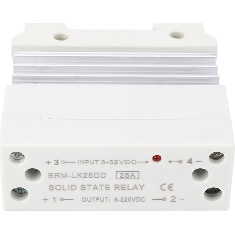 Relais statique monophasé compact avec rail intégré, entrée CC-CC 3-32 V, sortie 5-220 V, 25 A, dissipateur thermique. (1/5)