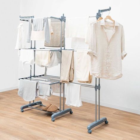 Séchoir Vertical Pliant Extensible 30 Barres avec roulettes, Etendoir pour Linge 3 Niveaux 6 Ailes repliables, 22 m d’étendage
