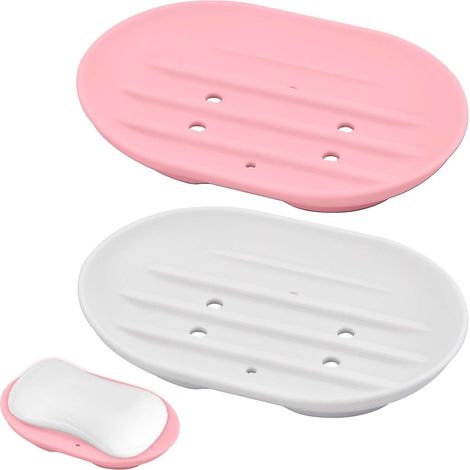 Set di 2 portasapone ovali in silicone - Con foro di drenaggio - Antiscivolo e robusti - Per bagno, cucina e doccia - Mantengono il sapone asciutto (bianco e rosa) (1/5)