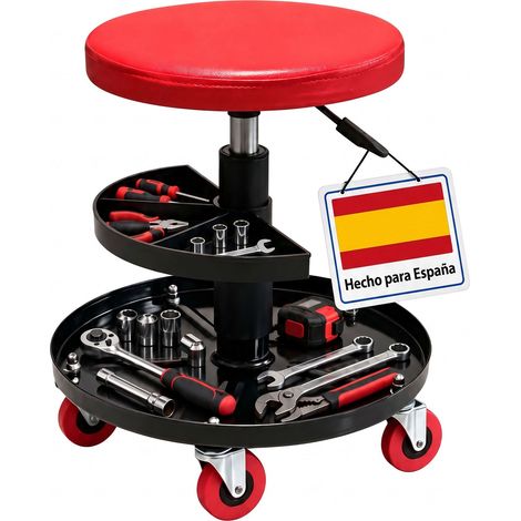Relaxdays taburete de taller, ajustable en altura, bandeja, 5 ruedas, 42-56x38 cm, metal, rojo (1/5)