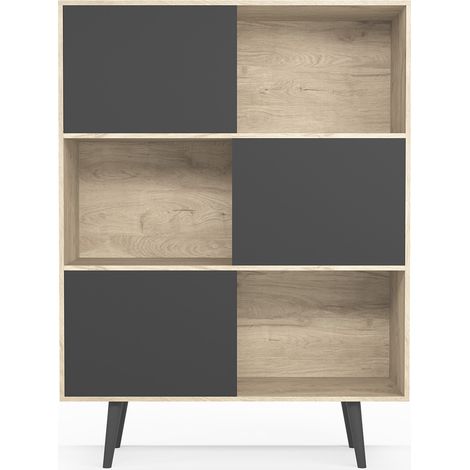 Librería, aparador de la colección NORDIC (881), en melamina con pies de madera de haya. Roble-Grafito