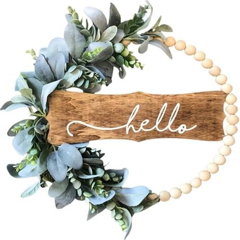 Couronne feuilles eucalyptus 30 cm – Logo Hello, perles bois – Toutes saisons – Linteau porte, jardin, fenêtre (1/5)