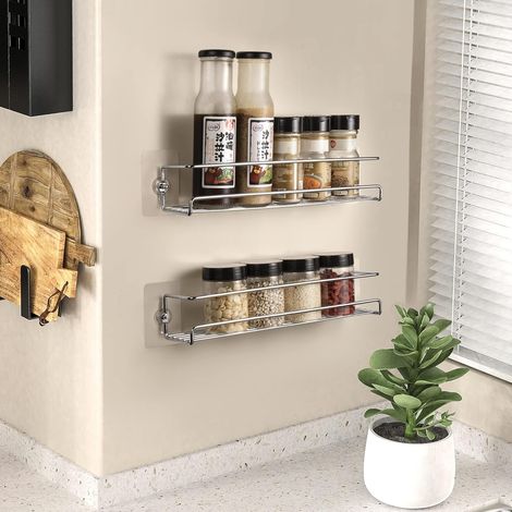Étagère à épices murale à double niveau,adaptée aux portes d'armoires/de garde-manger,offrant des options d'installation sans perçage ni poinçonnage. (1/5)