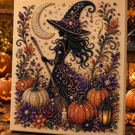 DIY Halloween Raven Pumpkin Handmade Pearl Painting Bedroom Decor Set - Witch - 2020cm (Unframed)