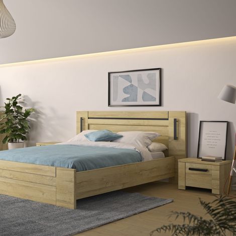 Lit led sensitive 140x190 avec 2 chevets en bois clair - LT5082 (1/5)