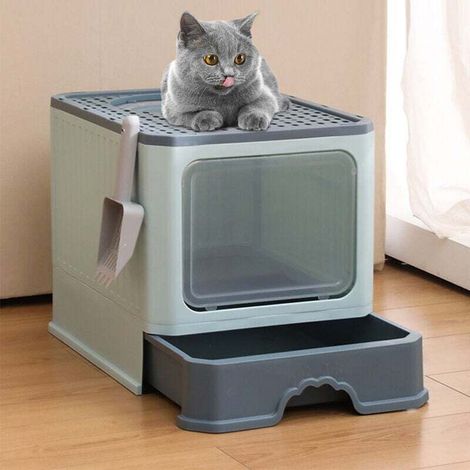Bac Litière Chat - Maison de Toilette pour Chat Fermée - 50 x 35 x 38cm - Vert d'eau foncé (1/4)