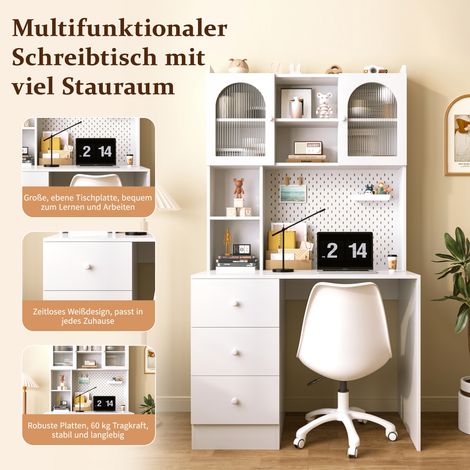 Bureau moderne multifonctionnel avec armoire intégrée, 180 cm table de travail avec panneau d'affichage, 3 tiroirs & vitrine en verre, pour bureau, chambre, télétravail. (1/5)