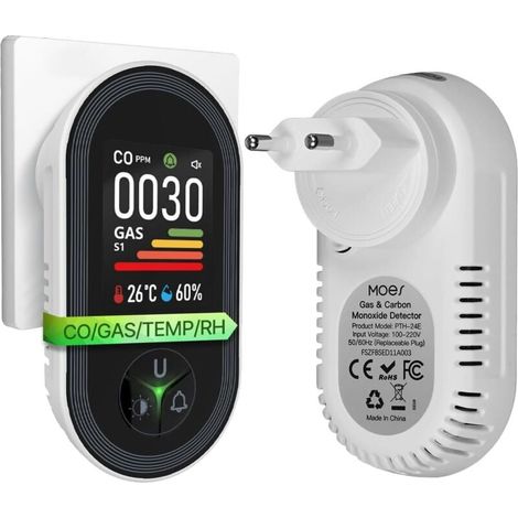 Kohlenmonoxid- und Gaswarngerät mit Stecker – 4-in-1-CO-Melder mit Temperatur- und Feuchtigkeitssensor – Akustischer Alarm für Flüssiggas, Propan, Methan, Ethan und CO – für Haus und Wohnwagen (1/4)