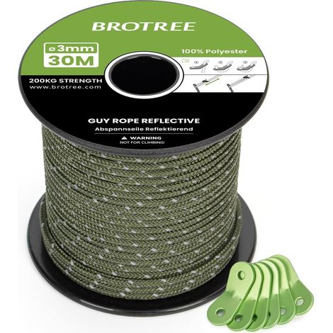 Corde Tente Camping Réfléchissante 3mm x 30m avec 6 pièce Tendeurs Vert Armée, 100% polyester, 200KG Max, Résistante, pour Camping et Randonnée Auvent Tente (1/5)