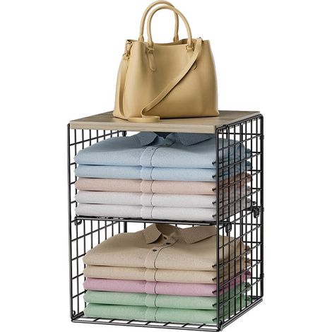 Briznsn Armoire à deux niveaux empilable / meuble de rangement, avec séparateurs et tablettes supérieures réglables, paniers de rangement, système de rangement peu encombrant (1/5)