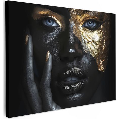CUADRO EN LIENZO Mujer - Oro - Retrato - Blanco y negro - Lujo Lienzo Modernos 80x60 cm