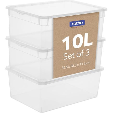 Ensemble de 3 boîtes de rangement 10l avec couvercle, Plastique (PP) sans BPA, Transparent, 3 x 10 l (36.0 x 26.0 x 14.0 cm) (1/5)