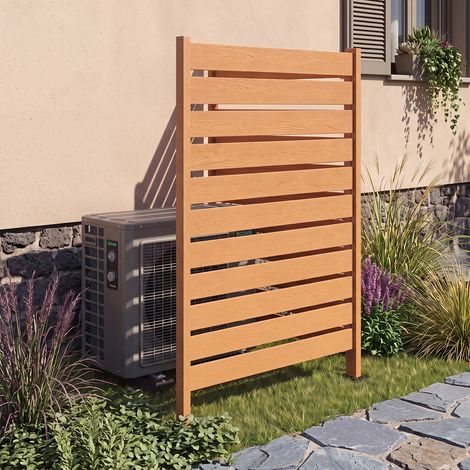 Paravent intimité extérieur en HIPS imitation bois 93 x 63,5 cm, clôture modulable avec piquets métalliques, cache climatiseur et support plantes grimpantes (1/5)