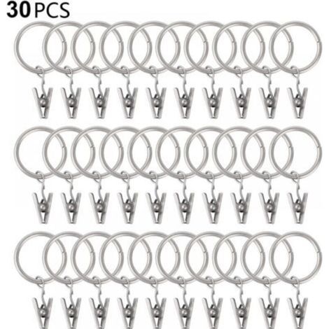 Set of 30 Curtain Rings with Clips, Strong Rod Holders, Metal Eyelets, Inner Diameter for Decorative Curtains, Window Frames, Silver, 30mm (1/5)