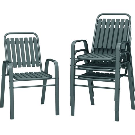 Lot de 4 chaises de jardin chaises empilables d'extérieur avec haut dossier et accoudoirs cadre en acier 56x66x91cm gris (1/5)