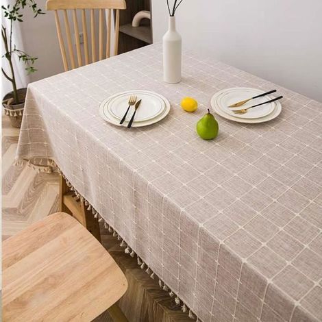 Nappe rectangulaire à carreaux 140 x 180 cm - Polyester - avec Gland - Imperméable, infroissable, lavable, Brun clair (1/4)