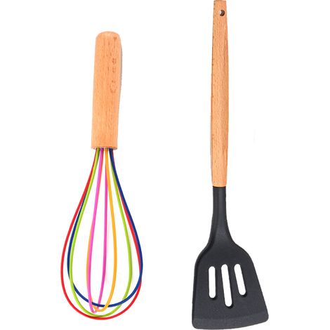 Ustensiles De Cuisine En Silicone - Résistance Haute Température Avec Manche En Bois - Set 2 Pièces (1/5)