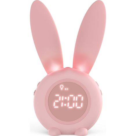 Réveil Matin à Induction en Forme de Lapin Mignon, Intelligent Réglage Automatique Lumière de Respiration, Affichage Temps/Date/Température