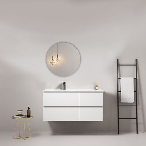 Mobile bagno sospeso 100 cm Bianco Lavabo a Sinistra in Ceramica Specchio Tondo - Fiji Wood