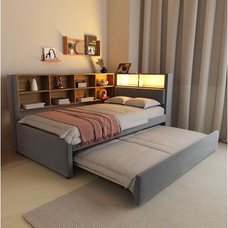 Letto bambini 90x200 cm con letto aggiuntivo 90x190 cm, illuminazione LED, prese elettriche, vani portaoggetti, senza materasso, grigio scuro (1/5)