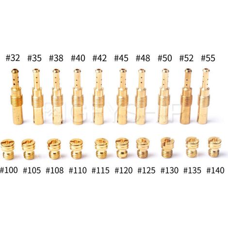 20-piece main jet set for PWK Keihin OKO CVK PWM carburetors, consisting of 10 main jets and 10 idle jets. Main bore 100–140.