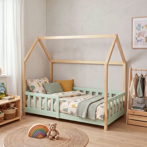 Hausbett Hesel mit Rausfallschutz 80x160 cm Mintgrün/Natur [en.casa] (1/5)