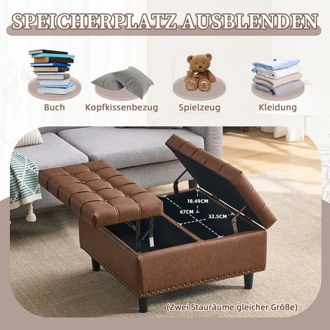 Coffre rembourré carré en cuir PU marron, banquette relevable avec grand espace de rangement, idéal pour salon, chambre ou bureau.