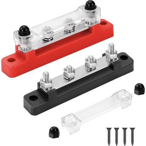 2-teiliges Set 12V-48V DC-Stromverteilerblock 150A Stromverteilerleisten mit 4 x M6-Anschlussschrauben für Auto, LKW, Boot, Rot/Schwarz (1/5)