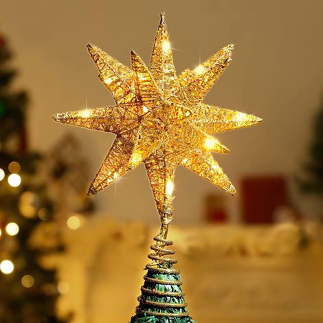 Weihnachtsbaumspitze, funkelnde, beleuchtete Weihnachtsbaumspitze, geometrischer 3D-Stern, glitzernde LED-Weihnachtsdekoration, batteriebetriebene Dekorationsleuchte, 28 cm – Gold (1/5)