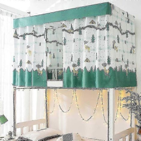 Rideau de lit imprimé pour dortoir avec corde et fermoir, tissu d'ombrage pour lit simple universitaire de 4/4,5 pouces (1,15 m, blanc et vert, motif bosquet)