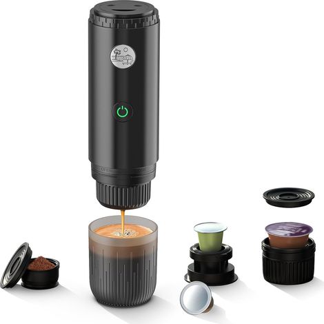 Machine à café portable 3 en 1 20 bars avec chauffage automatique, compatible avec les capsules et le café moulu pour le camping, la randonnée, les voyages et la maison (noir) (1/5)