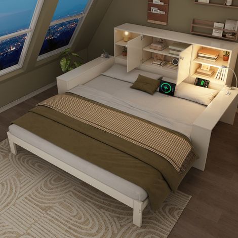 Letto singolo moderno estraibile 90x200/180x200 cm bianco in MDF con testiera contenitore, porte, USB/USB-C e rete a doghe