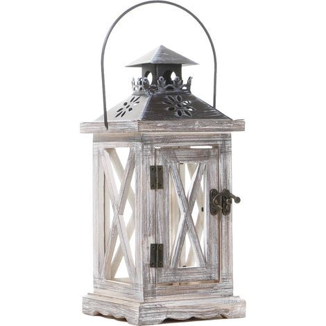 Lanterne Bougeoir en Bois Vintage 28cm, Décoration Rustique Ferme avec Verre et Métal Vieilli, Centre de Table Suspendu Intérieur Extérieur pour Mariage Maison (1/5)