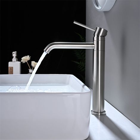 Detbom – Mitigeur de lavabo haut pivotant 360° – Acier inox brossé – Hauteur 281mm – Économie d'eau jusqu'à 30% – Vanne céramique 500 000 cycles