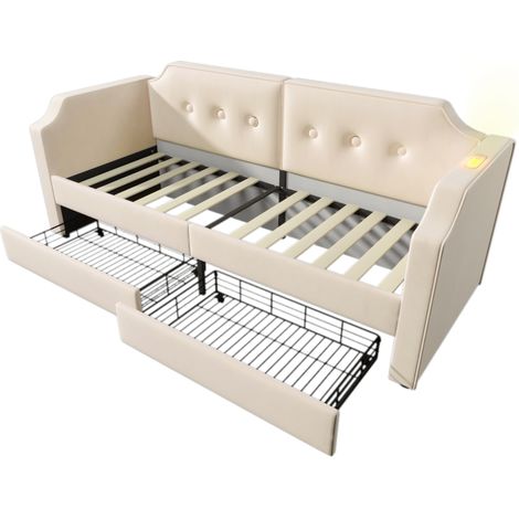 Letto imbottito 90x200 cm in velluto beige con cassetto, lampada da lettura e USB Type-C (1/5)
