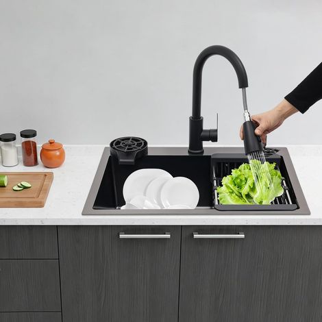 Évier de cuisine, noir, 60 x 45 x 20 cm, en acier inoxydable, 1 bac, avec panier d'écoulement, distributeur de savon, trou de robinetterie extensible (1/5)