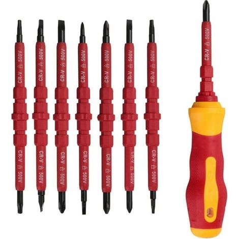 Ensemble de tournevis d'électricien isolés 500 V 7 pièces avec testeur, tournevis isolé avec poignée, tournevis magnétique interchangeable et kit d'outils de réparation. (1/5)
