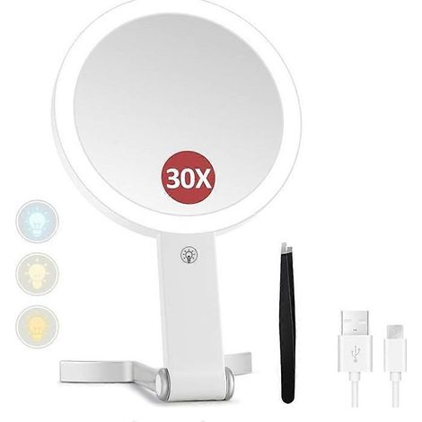 Miroir grossissant lumineux double face 30x/1x, idéal pour les voyages et le maquillage. Éclairage 3 couleurs. (1/5)