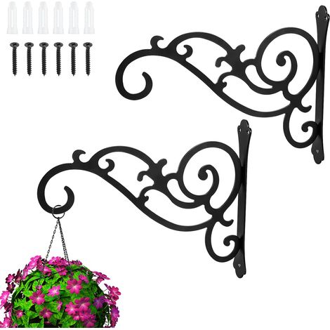 Set mit 2 Hängekorbhalterungen, 29 cm, Wandhaken zum Aufhängen von Pflanzen, Solarleuchten, Insektenschutzmitteln, Kolibri-Futterstellen und Windspielen, schwarz (hohe Tragfähigkeit) (1/4)