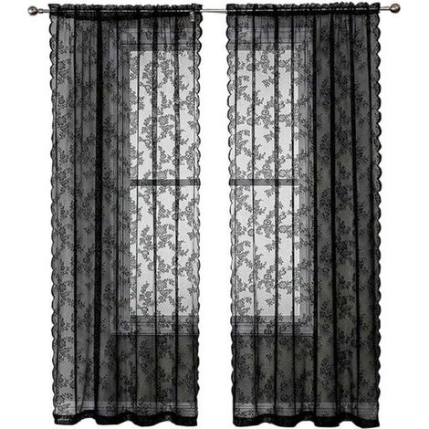 Rideaux en Dentelle Noire 84 Pouces (213cm) - Motif Floral Rustique Vintage - Voile Noir pour Salon - Intimité Style Goth - 2 Panneaux 40x80 Pouces