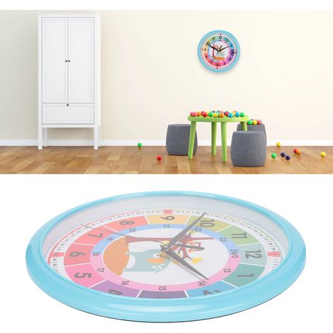 Reloj de pared con diseño de dibujos animados, fabricado en plástico ABS, con mecanismo de cuarzo de colores, 26 cm, color azul, ideal para habitaciones infantiles o aulas. (1/5)