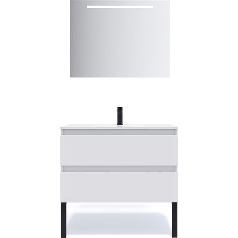 Meuble de salle de bain suspendu vasque intégrée 90cm 2 tiroirs Blanc + miroir - Hudson (1/5)