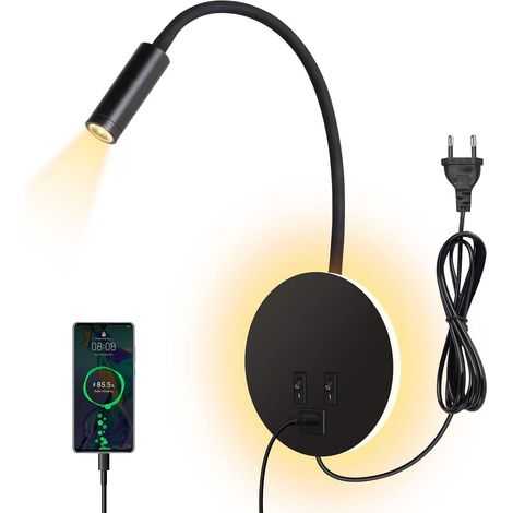 LED Applique murale, liseuse de chevet avec interrupteur, Lampe de Lecture Murale 3000k (3W+8W) port de charge USB, col de cygne pivotant à 360° avec prise dans la Chambre, noir (1/5)