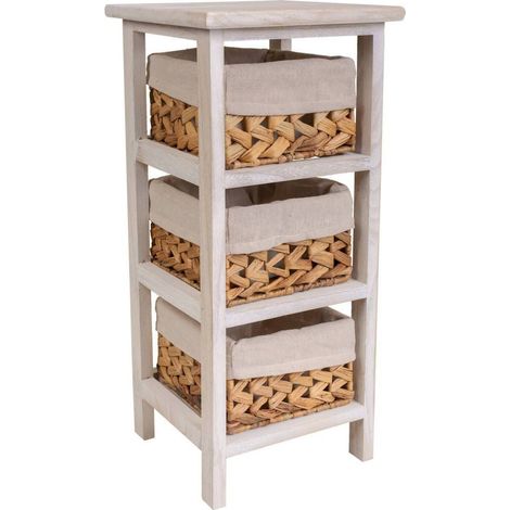 Table de chevet bois et paniers en jacinthe style vintage - Blanc antique et naturel tressé (1/5)