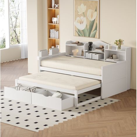 Divano letto in legno bianco 90x200 cm con letto estraibile 90x190 cm, 2 cassetti, vano contenitore e presa USB (1/5)