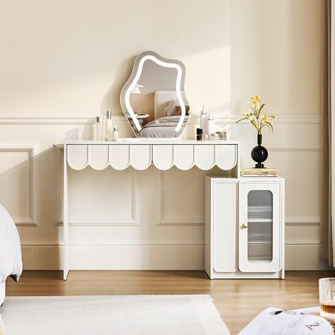 White Dressing Table with 2 Drawers, Unique Cloud Shaped Mirror Vanity Table with LED Lights, Modern Girls Makeup Vanity Table with Arched Front Storage Unit for Bedroom (1/5)